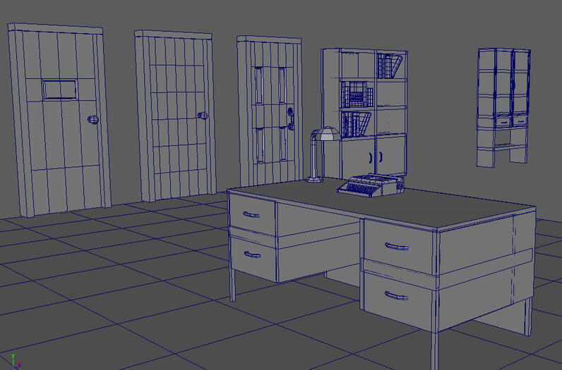 Doors, desk, lamp, bookshelf, cabinet, and typewriter